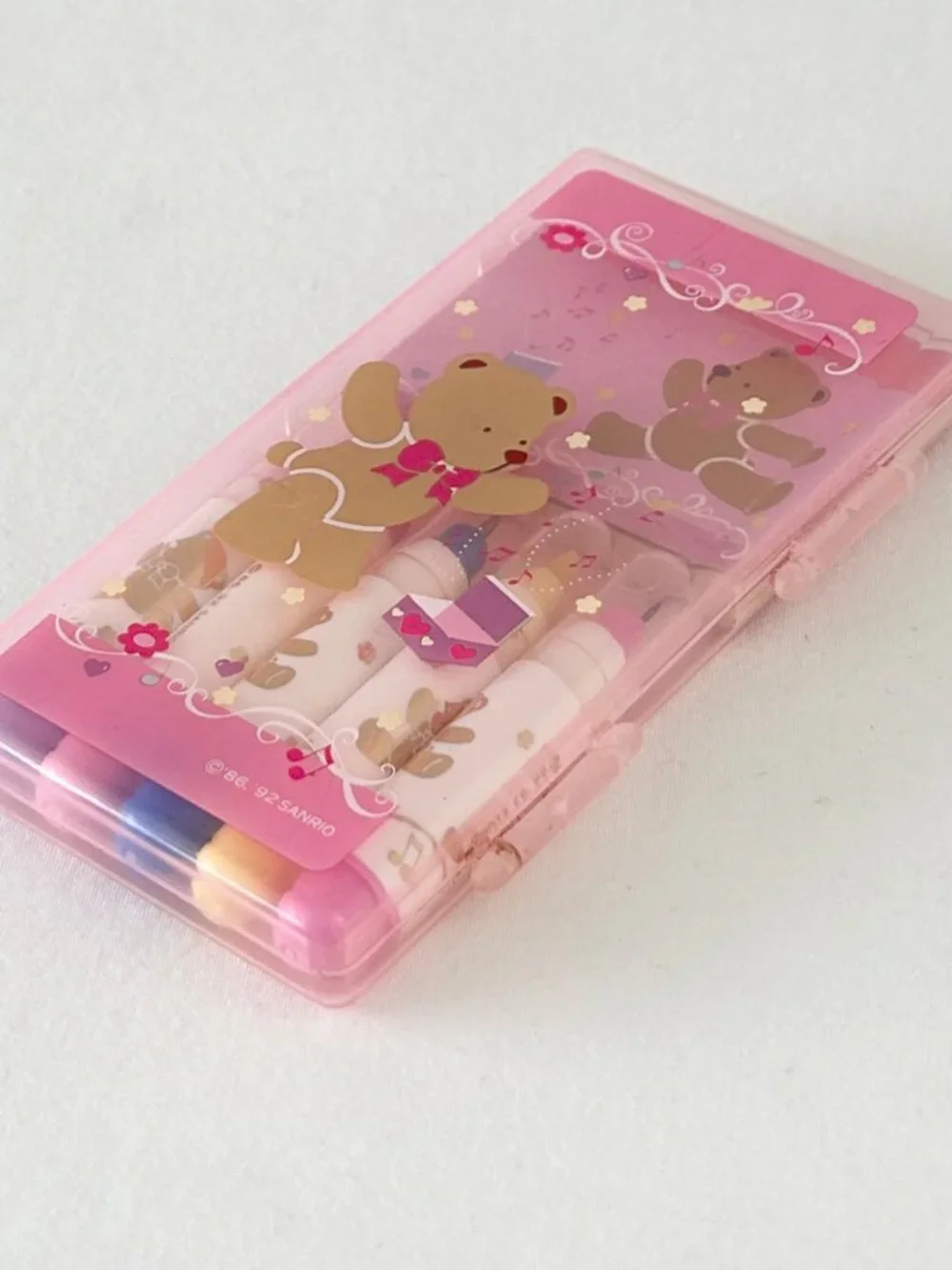 Vintage SANRIO Tweedle Dee Dee Bear Pen Marker Notepad Set Pink Case Hello Kitty